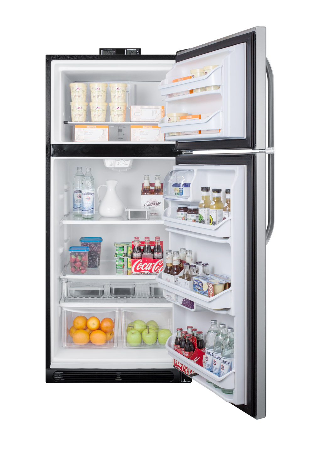 21 cu.ft. break room refrigerator-freezer with stainless steel doors, black cabinet, and NIST calibrated alarm/thermometers